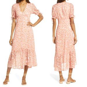 NEW Chelsea28 CORAL Floral TIE SLEEVE Ruffle Hem MIDI DRESS S